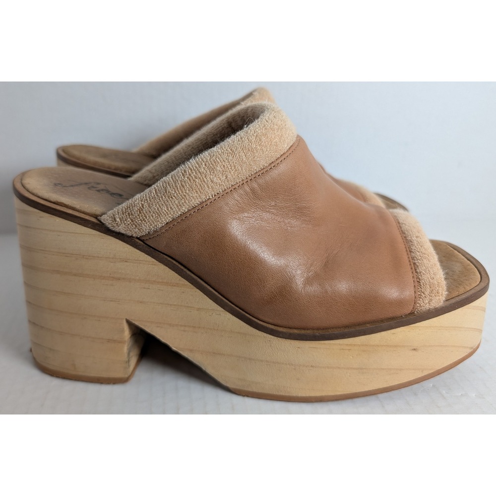 Free People Wooden Platform Mule Clogs Tan Leather Open Toe Sandals EU 38